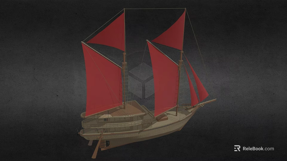Wooden Sailing Boat With Red Sails And Classic Hull Design Details 3d model 