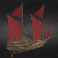 Wooden Sailing Boat With Red Sails And Classic Hull Design Details