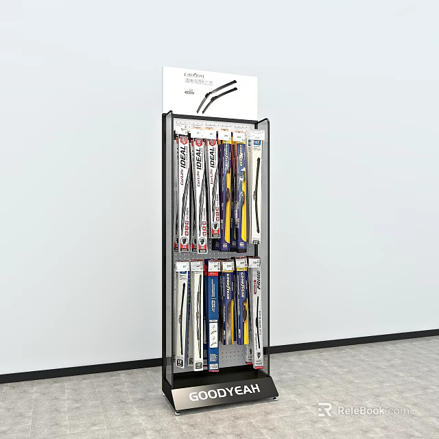 Black Frame Multi tiered Display Shelf With Assorted Products And Top Signage 3d model 