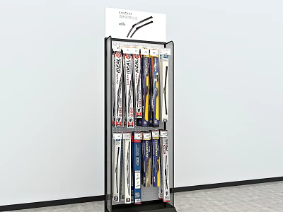 Black Frame Multi tiered Display Shelf With Assorted Products And Top Signage 3d model