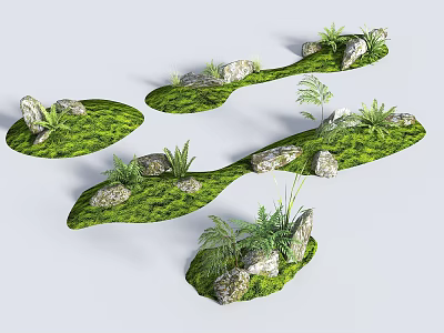 Natural Garden Landscape With Moss Covered Stones Green Grass And Lush Ferns 3d model