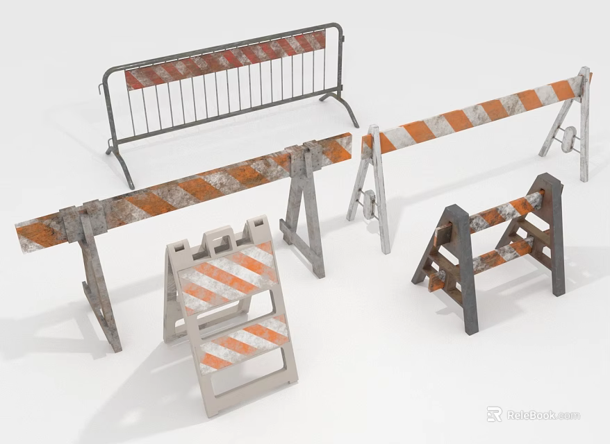 Construction Site Barriers With Metal Fencing Plastic Roadblocks And Orange Striped Cones 3d model 