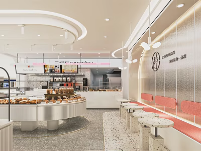 Bright Modern Dessert Shop With Assorted Pastries Display Cases And Cozy Seating Area 3d model