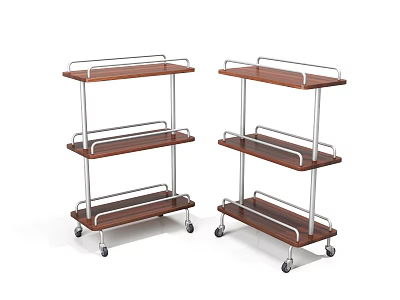 Practical Three Tier Mobile Shelving Units With Wooden Shelves And Metal Frames 3d model