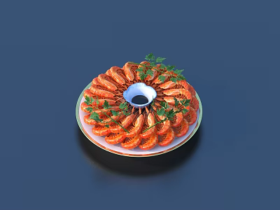 Delicious Fresh Shrimp Platter With Sauce In Center And Green Garnish 3d model