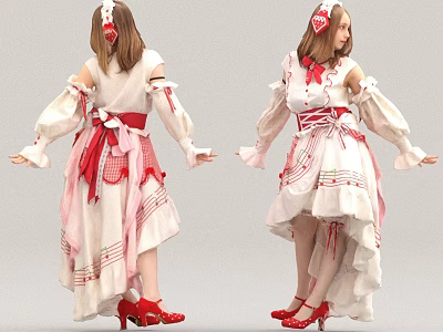 Woman Wearing White Dress With Red Ribbon Belt Irregular Hem Frilled Sleeves And Red Heels 3d model