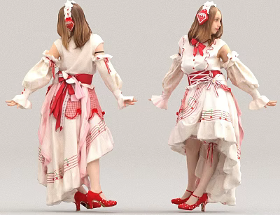 Woman Wearing White Dress With Red Ribbon Belt Irregular Hem Frilled Sleeves And Red Heels 3d model