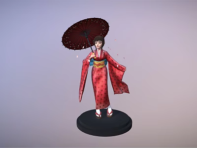 Japanese Geisha Figurine In Red Kimono Holding Umbrella With Falling Cherry Petals 3d model
