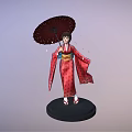 Japanese Geisha Figurine In Red Kimono Holding Umbrella With Falling Cherry Petals