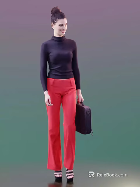 Stylish Woman In Black Turtleneck Top And Red Pants Carrying Black Briefcase 3d model 
