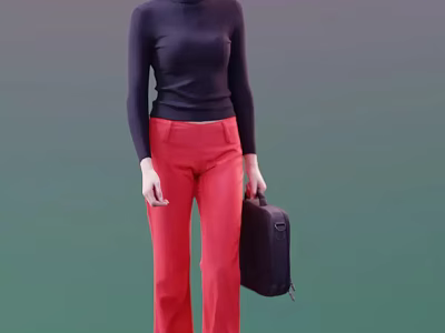 Stylish Woman In Black Turtleneck Top And Red Pants Carrying Black Briefcase 3d model
