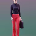 Stylish Woman In Black Turtleneck Top And Red Pants Carrying Black Briefcase