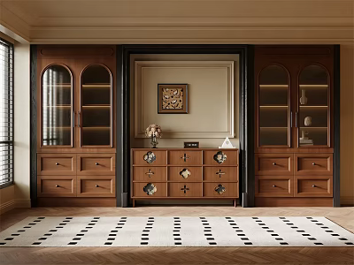 Symmetric Wooden Bookcase With Glass Doors And Decorative Cabinet In Classic Interior 3d model