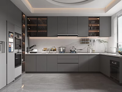 Modern Kitchen Interior With Gray Cabinets Appliances Sleek Countertop And Ceiling Lighting 3d model