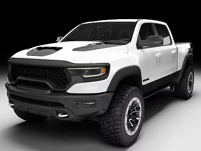 White RAM Pickup Truck With Off Road Style Black Grille And Large Tires 3d model