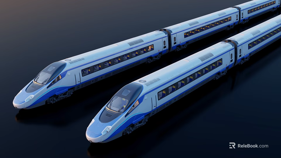 Two Modern High-Speed Trains with Streamlined Design Blue and White Livery and Illuminated Windows 3d model 