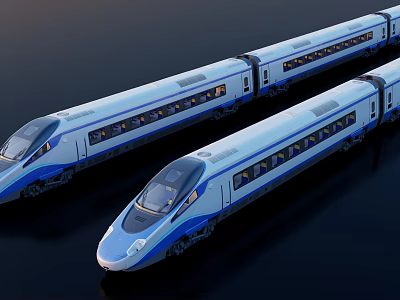Two Modern High-Speed Trains with Streamlined Design Blue and White Livery and Illuminated Windows 3d model