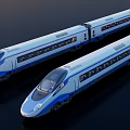 Two Modern High-Speed Trains with Streamlined Design Blue and White Livery and Illuminated Windows