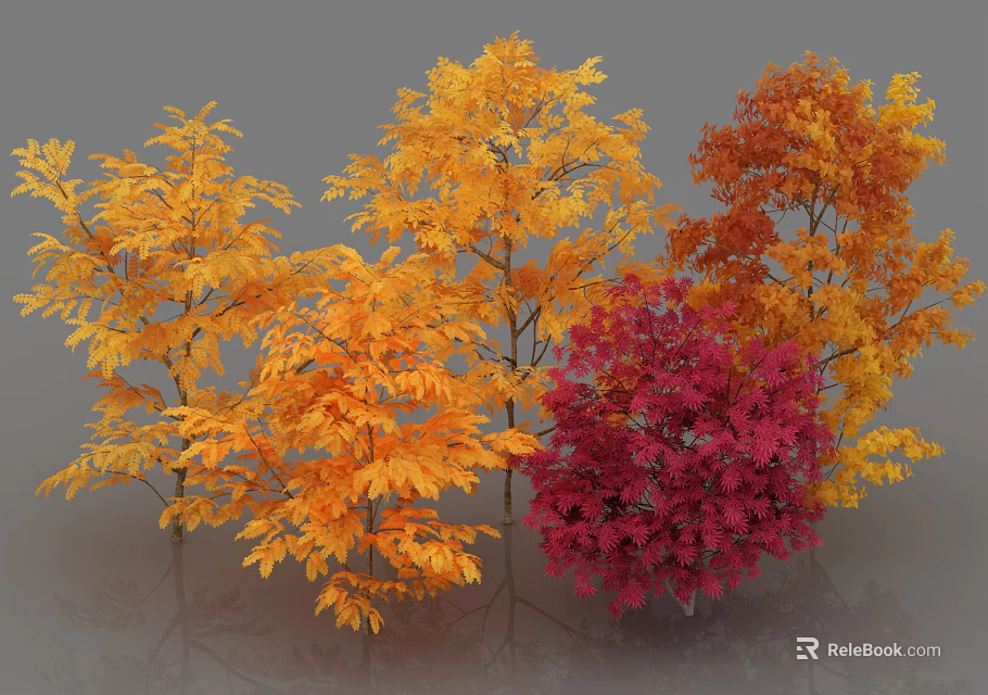 Vibrant Autumn Trees with Yellow Orange Red Foliage in Garden Landscape 3d model 