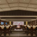 Elegant Banquet Hall Interior With Round Tables White Tablecloths Large Windows And Ceiling Lighting 3d model