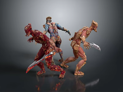 Fantasy Characters And Bio Mechanical Creatures With Swords In Dynamic Poses 3d model