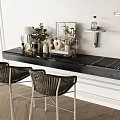 Modern Interior Black Marble Bar Counter With Woven Stools Decorative Plants And Wall Shelves