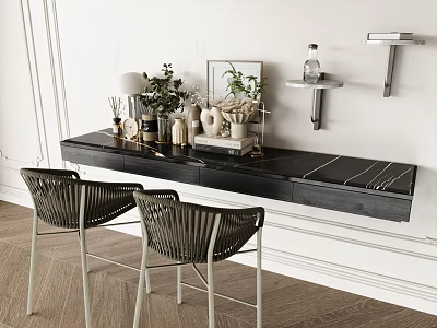 Modern Interior Black Marble Bar Counter With Woven Stools Decorative Plants And Wall Shelves 3d model