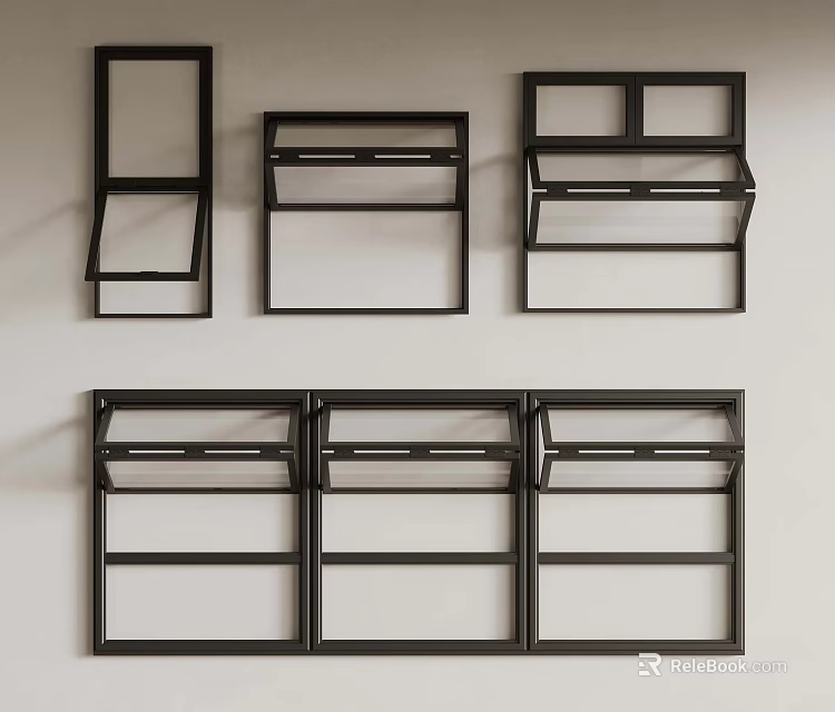 Wall Mounted Modern Black Kitchen Shelves With Various Combinations And Storage Design 3d model