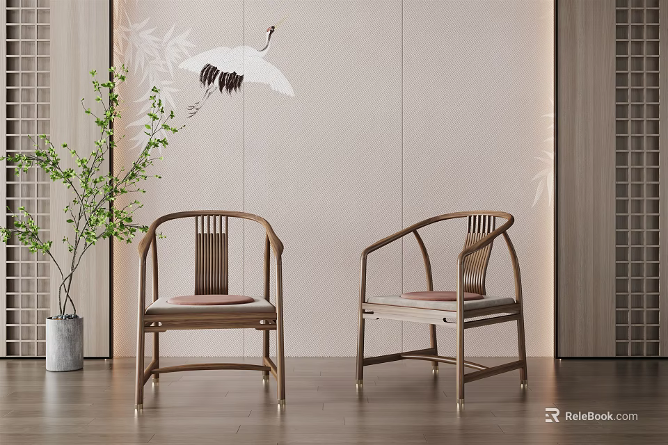 Chinese Style Wooden Frame Leisure Chairs With Upholstered Seats And Green Plant In Indoor Setting 3d model 