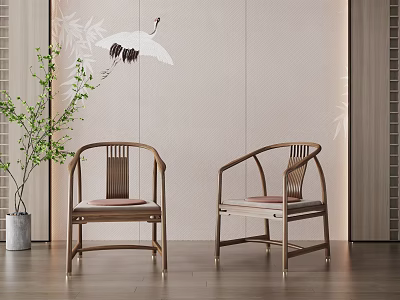 Chinese Style Wooden Frame Leisure Chairs With Upholstered Seats And Green Plant In Indoor Setting 3d model