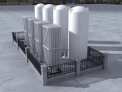 Industrial Equipment White Storage Tanks With Metal Structures And Black Fences In Industrial Setting 3d model
