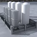 Industrial Equipment White Storage Tanks With Metal Structures And Black Fences In Industrial Setting
