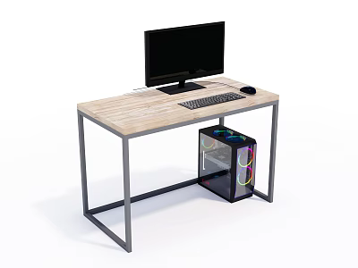 Wooden Top Computer Desk with Metal Frame Monitor Keyboard Mouse and RGB Light Computer Case 3d model