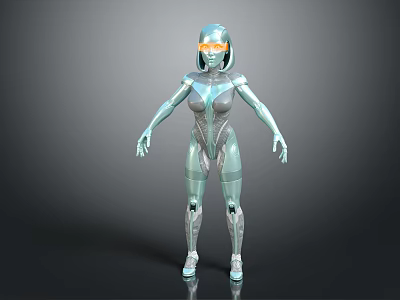 Futuristic Female Robot Character With Glowing Orange Eyes And Metallic Body Design 3d model