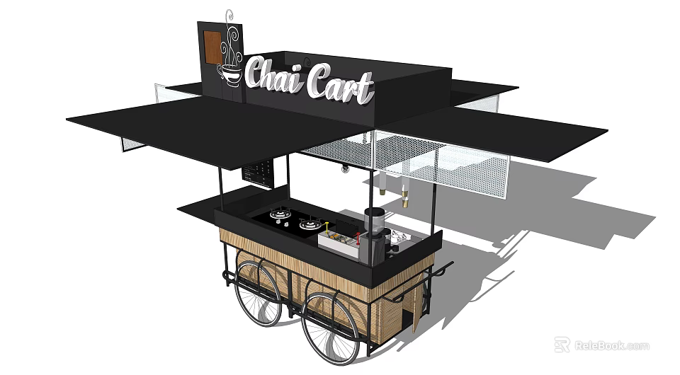 Mobile Chai Cart With Black Awning Wheels And Wooden Counter For Street Vending 3d model 