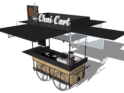 Mobile Chai Cart With Black Awning Wheels And Wooden Counter For Street Vending 3d model