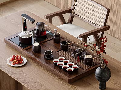 Elegant Tea Set With Wooden Tray Teacups Teapot Decorative Flowers And Fresh Fruits 3d model
