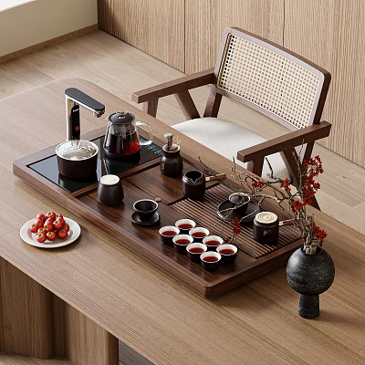 Elegant Tea Set With Wooden Tray Teacups Teapot Decorative Flowers And Fresh Fruits 3d model