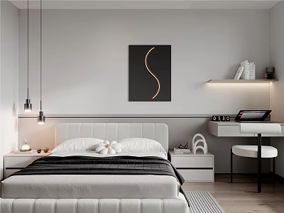 Modern Bedroom Interior Design With White Bed Pendant Lights And Black Wall Art 3d model