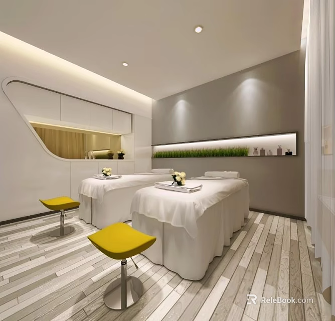 Serene SPA Wellness Space With Massage Tables White Sheets Yellow Stools And Wooden Flooring 3d model 