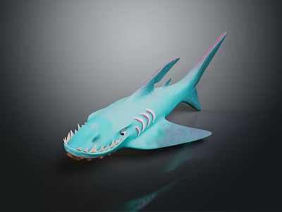 Teal Shark with Sharp Teeth 3D Model on Dark Background with Reflection 3d model