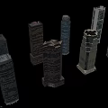 Modern High Rise Office Buildings In Urban Night Scene With Illuminated Lights