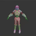 Silver Metallic Robot Character With Pink Head Accent Chest Device And Mechanical Limbs