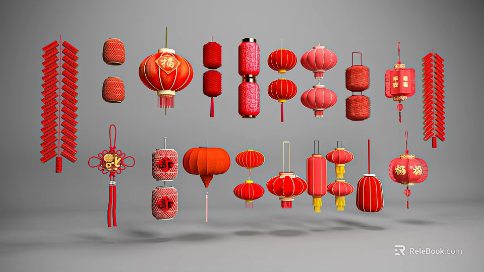 Traditional Red Chinese Hanging Decorations with Lanterns Knots and Fu Characters 3d model 