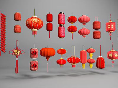 Traditional Red Chinese Hanging Decorations with Lanterns Knots and Fu Characters 3d model