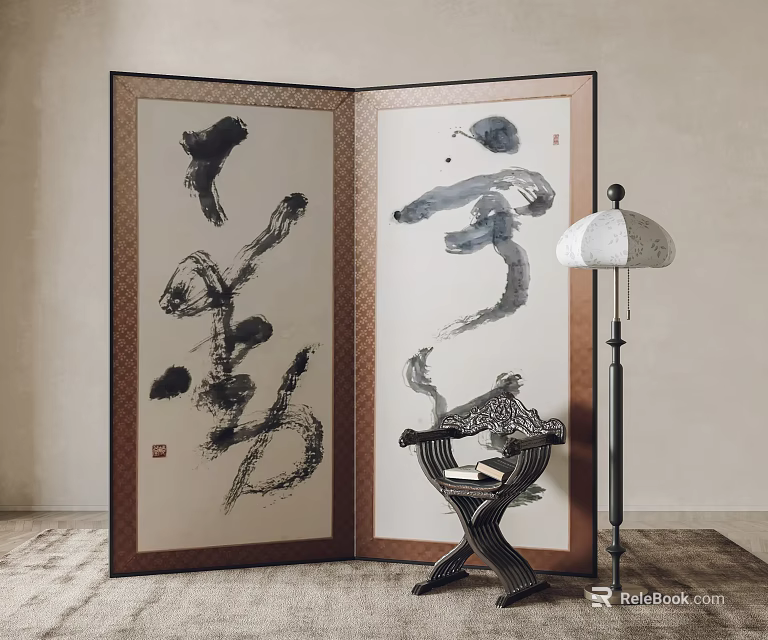Traditional Chinese Screen with Ink Calligraphy Art and Wooden Side Table with Floor Lamp 3d model 