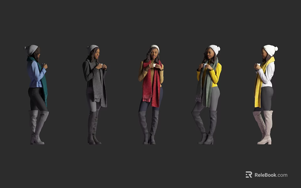 Five Women Wearing Different Colored Coats Scarves And Hats Standing In Gray Background 3d model 