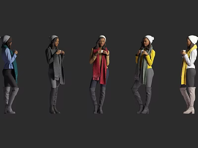 Five Women Wearing Different Colored Coats Scarves And Hats Standing In Gray Background 3d model