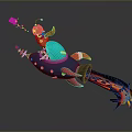 Cartoon Bird In Red Headscarf On Blue Rocket With Red Flames Purple Star Yellow Particles
