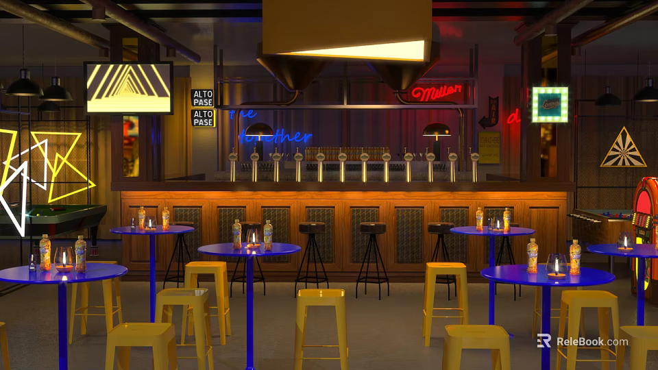 Bar Interior Design With Wooden Counter Yellow Stools And Neon Lighting 3d model 